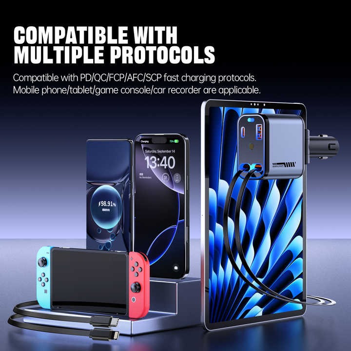 Retractable Car Charger 66W with Lighting